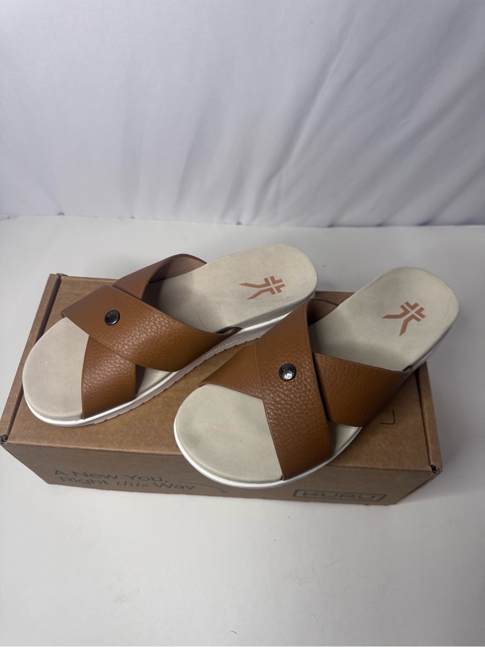 KURU Breeze slide sandals in caramel brown leather size 9